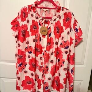 BIBI Pink & Red Floral Smocked Women's Top